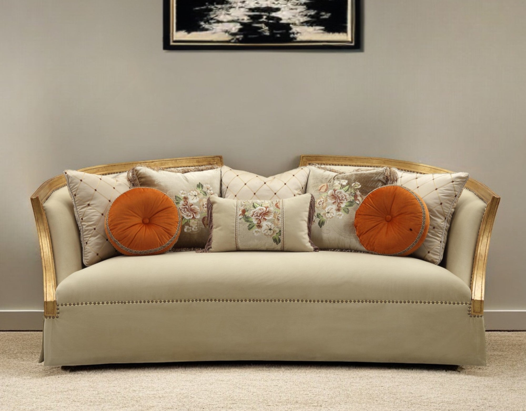 Modway Furniture 41" Beige Velvet Curved Sofa with Toss Pillows, Flared Arms & Natural Wood Legs for Stylish Comfort - 348220-HOMEROOTS