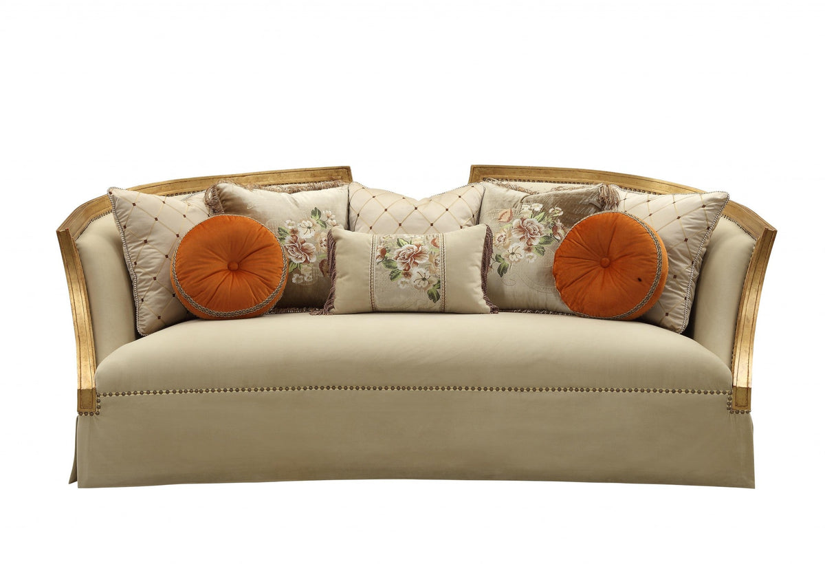 Modway Furniture 41" Beige Velvet Curved Sofa with Toss Pillows, Flared Arms & Natural Wood Legs for Stylish Comfort - 348220-HOMEROOTS