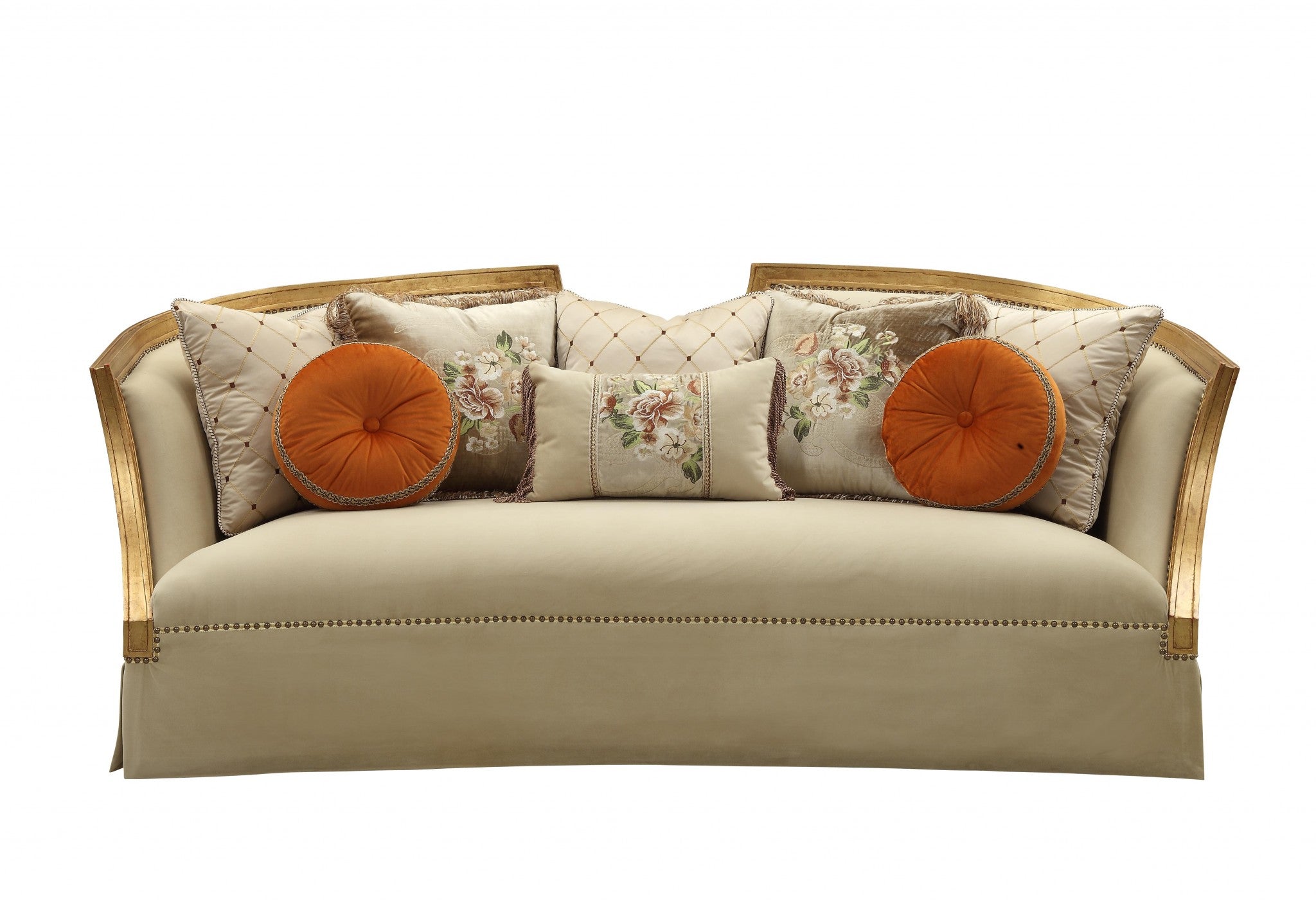 Modway Furniture 41" Beige Velvet Curved Sofa with Toss Pillows, Flared Arms & Natural Wood Legs for Stylish Comfort - 348220-HOMEROOTS