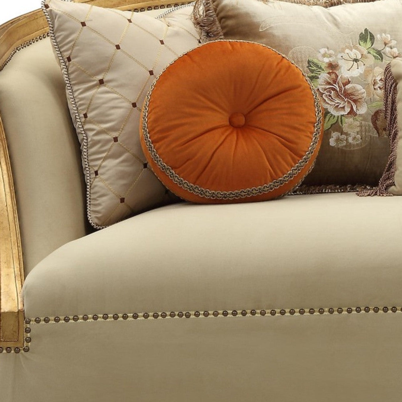 Modway Furniture 41" Beige Velvet Curved Sofa with Toss Pillows, Flared Arms & Natural Wood Legs for Stylish Comfort - 348220-HOMEROOTS