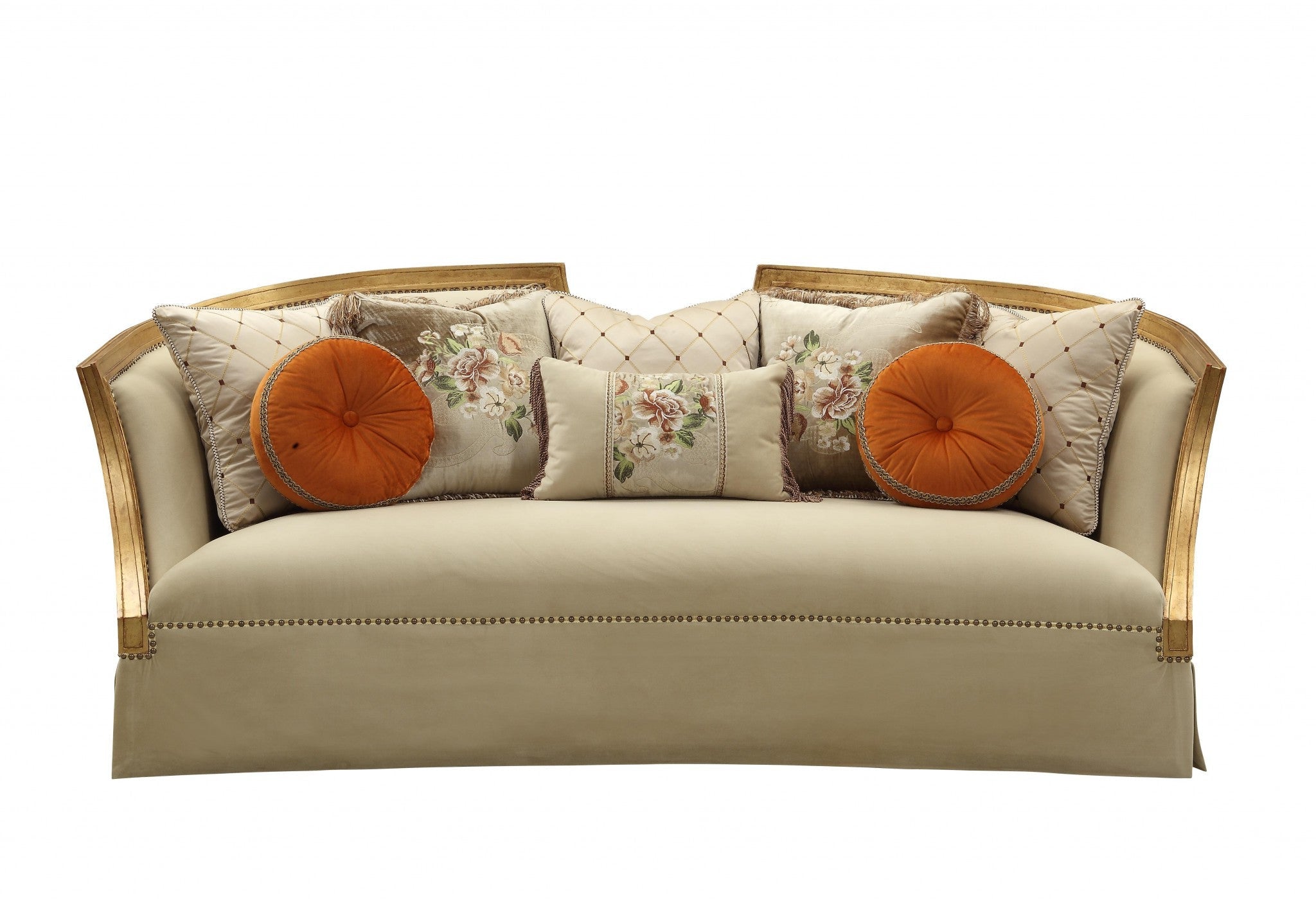 Modway Furniture 41" Beige Velvet Curved Sofa with Toss Pillows, Flared Arms & Natural Wood Legs for Stylish Comfort - 348220-HOMEROOTS