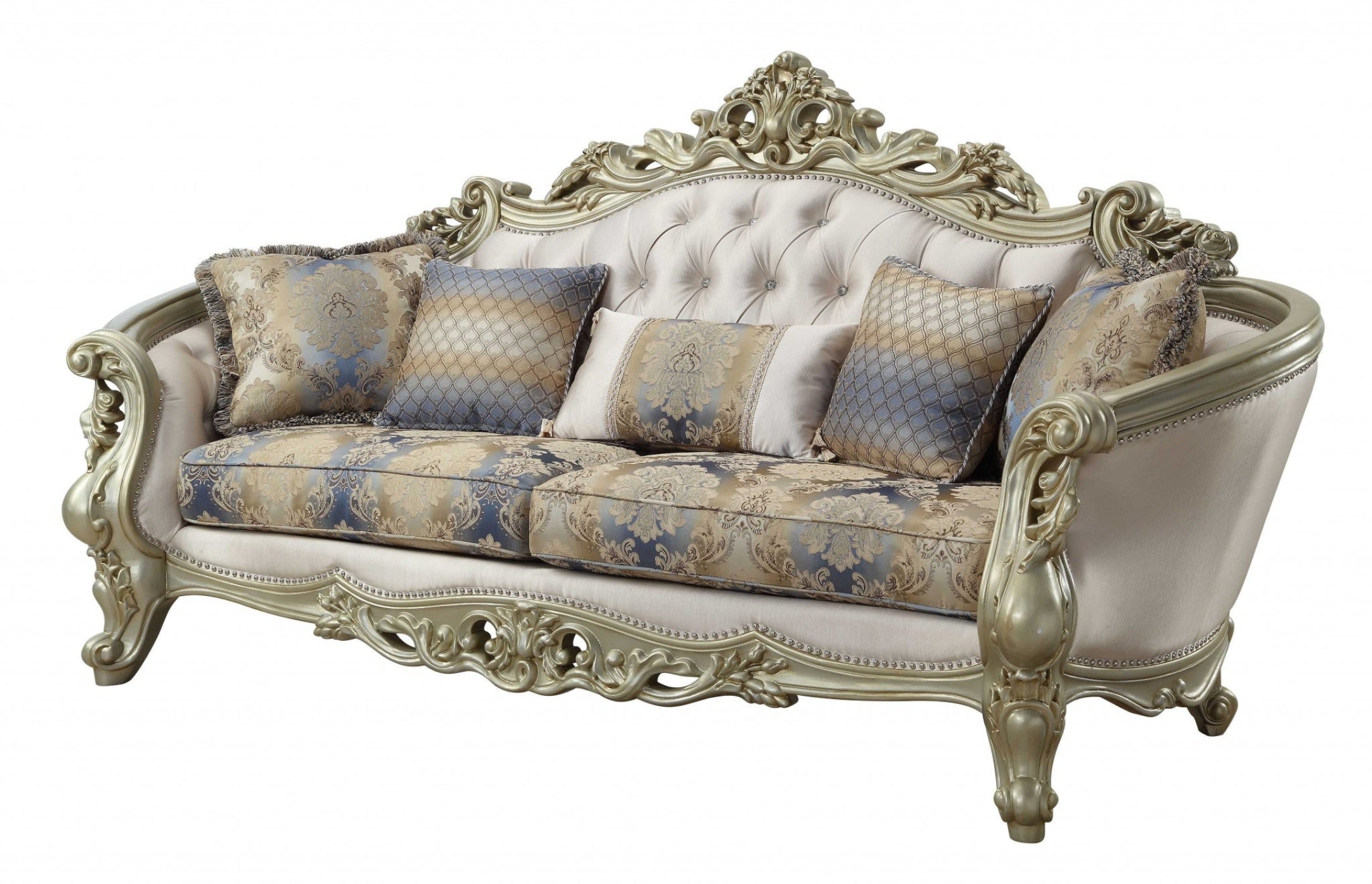 Modway Furniture 40" Antique White Velvet Floral Curved Sofa with Toss Pillows & Chic Champagne Legs for Elegance - 348231-HOMEROOTS