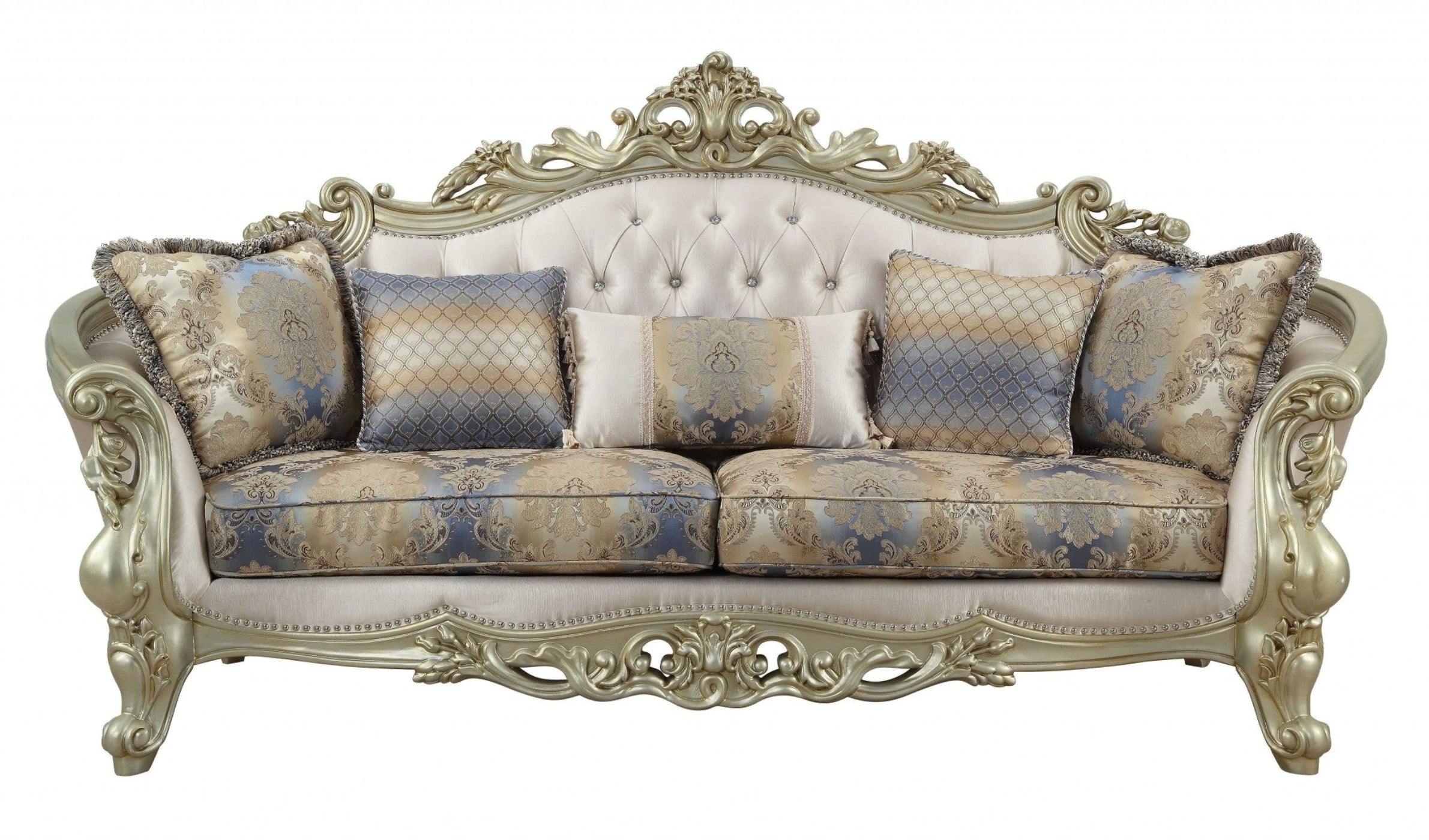 Modway Furniture 40" Antique White Velvet Floral Curved Sofa with Toss Pillows & Chic Champagne Legs for Elegance - 348231-HOMEROOTS
