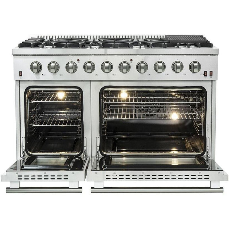 Forno Appliace Package - 48 Inch Gas Range, Wall Mount Range Hood, Refrigerator, Microwave Drawer, Dishwasher, AP-FFSGS6244-48-8