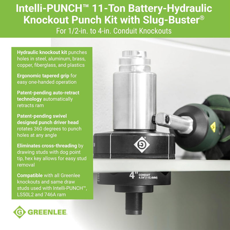 Greenlee Intelli-PUNCH 11-Ton Battery-Hydraulic Knockout Punch Kit with Slug-Buster, 1/2" - 4" - LS100X11SB4