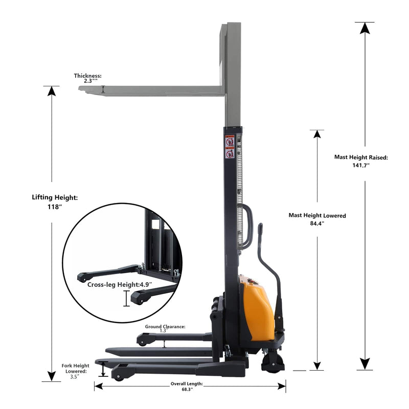 Apollolift Semi-Electric Straddle Stacker  3300Lbs Cap.118" Lifting - Backyard Provider