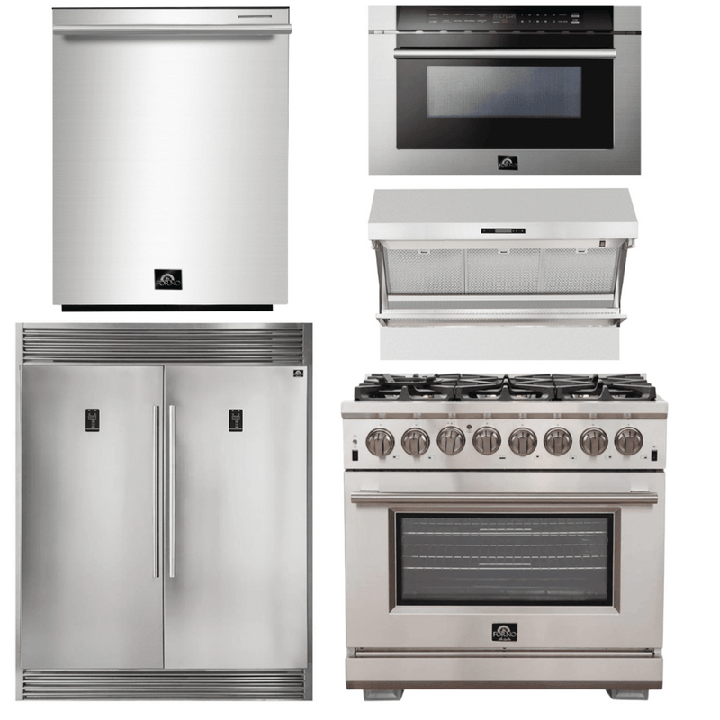 Forno Appliace Package - 36 Inch Gas Burner/Electric Oven Pro Range, Wall Mount Range Hood, Refrigerator, Microwave Drawer, Dishwasher, AP-FFSGS6187-36-8