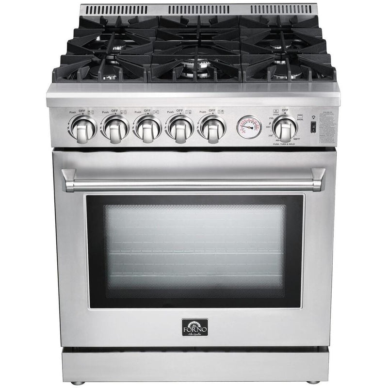 Forno Appliance Package - 30 Inch Gas Range, Range Hood, Refrigerator, Microwave Drawer, Dishwasher, Wine Cooler, AP-FFSGS6275-30-W-9