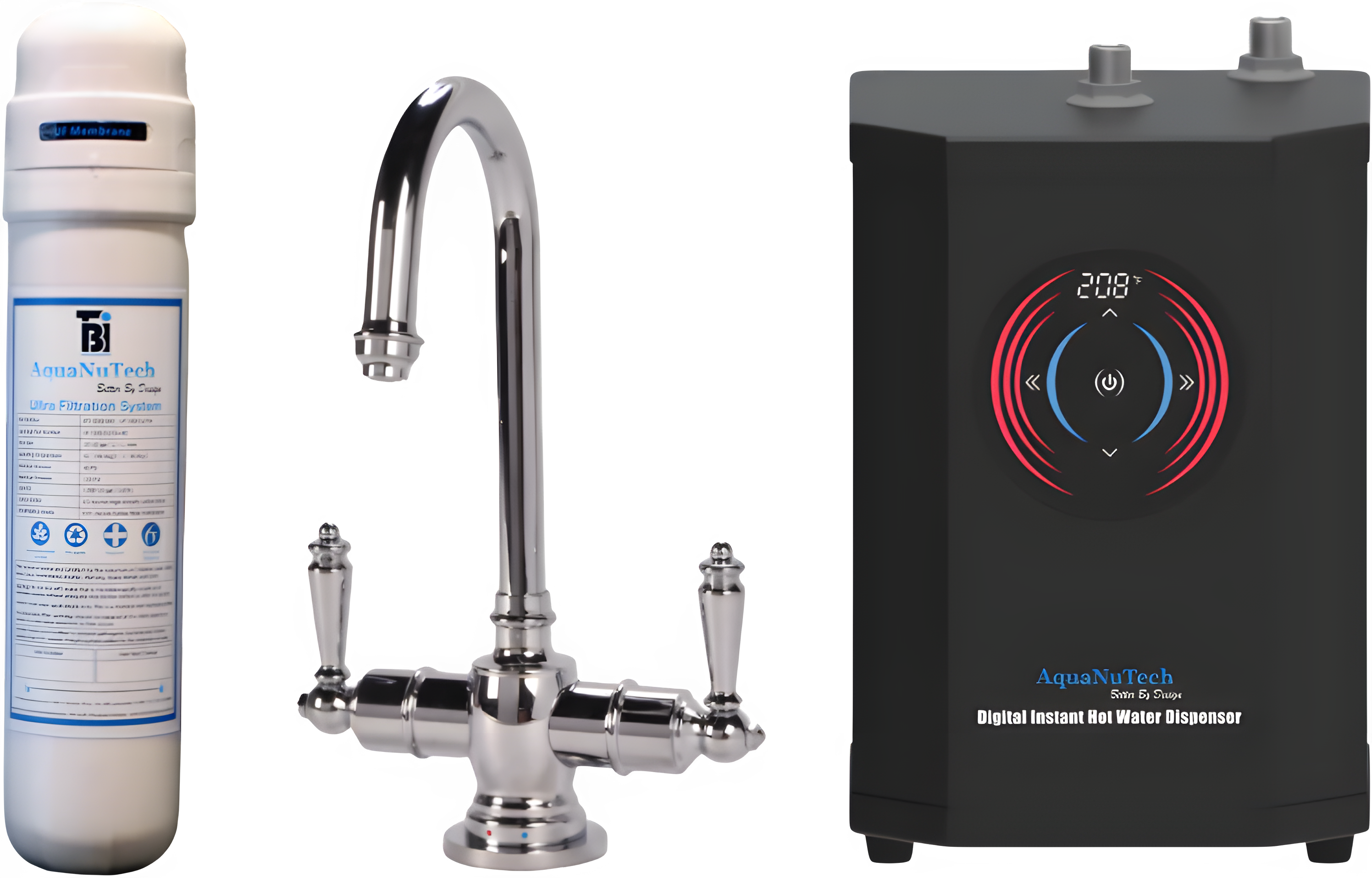 AquaNuTech Digital Instant Hot Water Dispenser with Traditional Hot/Cold Faucet & Filtration New - HTF-HC2200-CH
