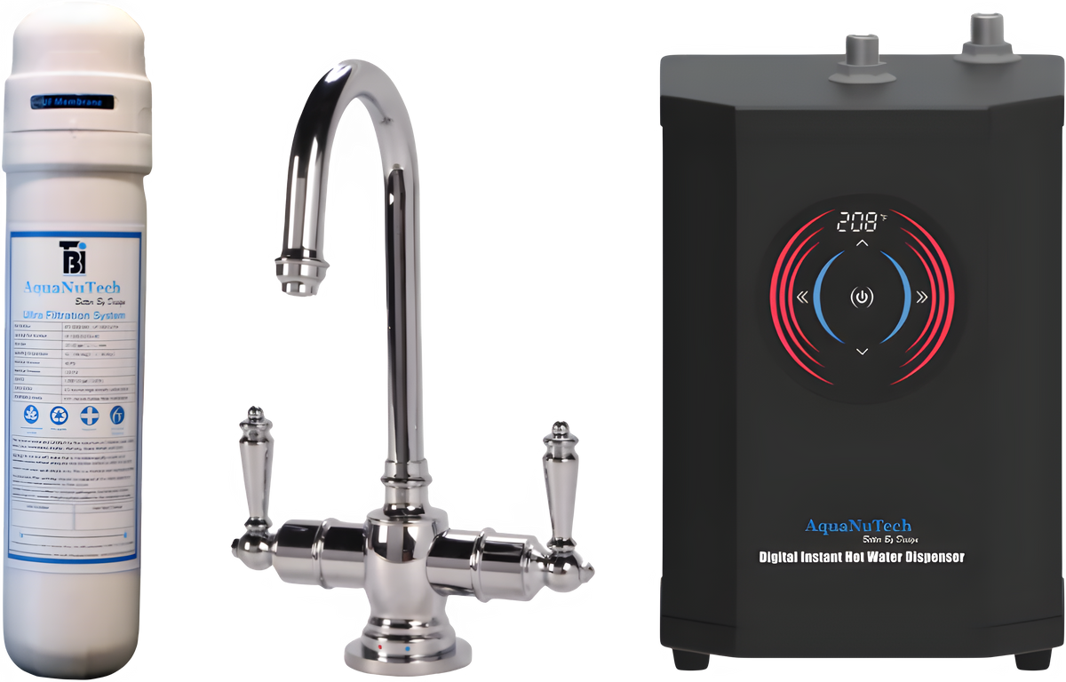 AquaNuTech Digital Instant Hot Water Dispenser with Traditional Hot/Cold Faucet & Filtration New - HTF-HC2200-CH