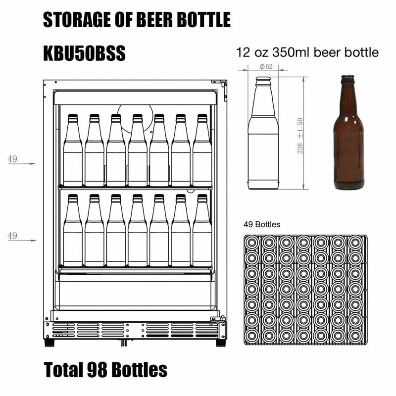 Kings Bottle 24'' Under Counter Beer Cooler Fridge Built In KBU-50BX