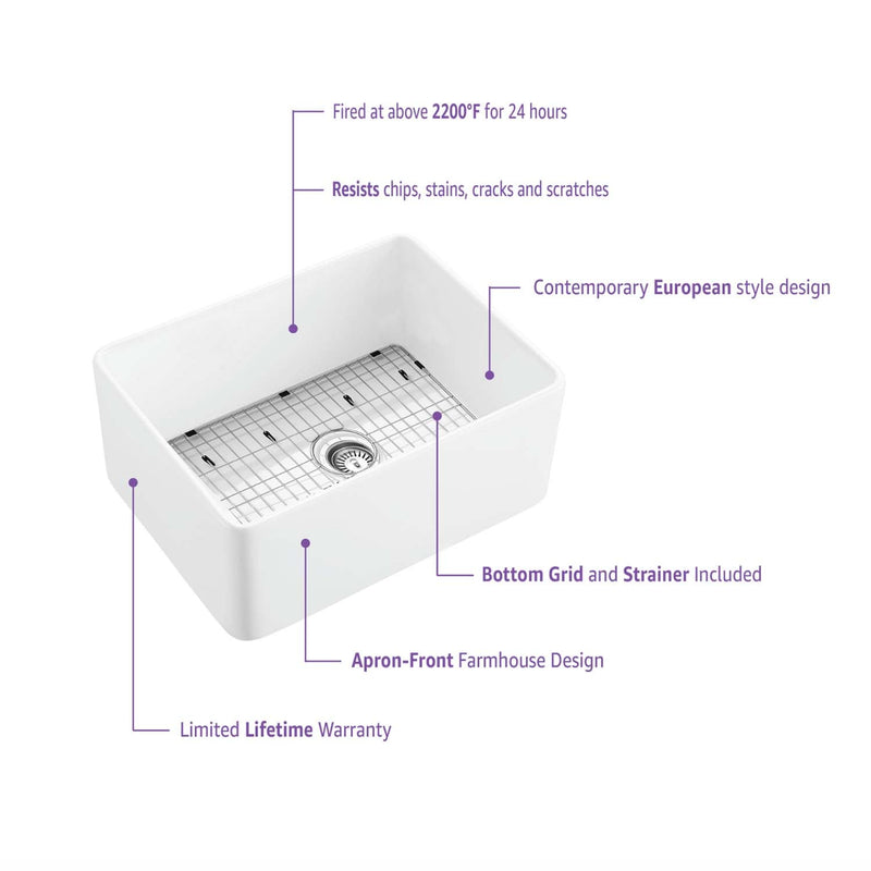 Kibi 24" x 18" x 10" Landis Series Undermount Single Bowl Fireclay Kitchen Sink In Glossy White - K2-SF24