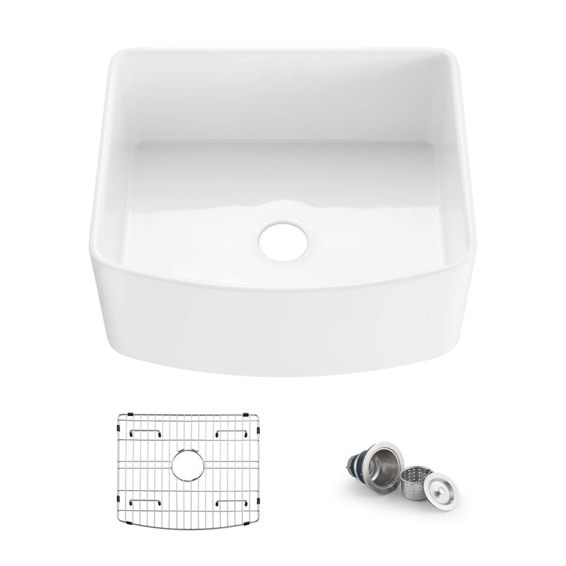 Kibi 24" x 20" x 10" Pure Series Undermount Single Bowl Fireclay Curved Apron Kitchen Sink In Glossy White -  K2-SF24C