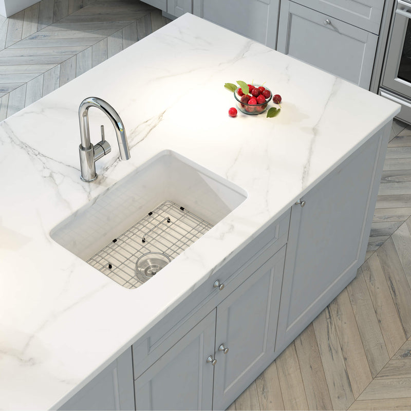 Kibi 27" x 19" x 10" Landis Series Undermounted Single Bowl Fireclay Kitchen Sink In Glossy White - K2-S27