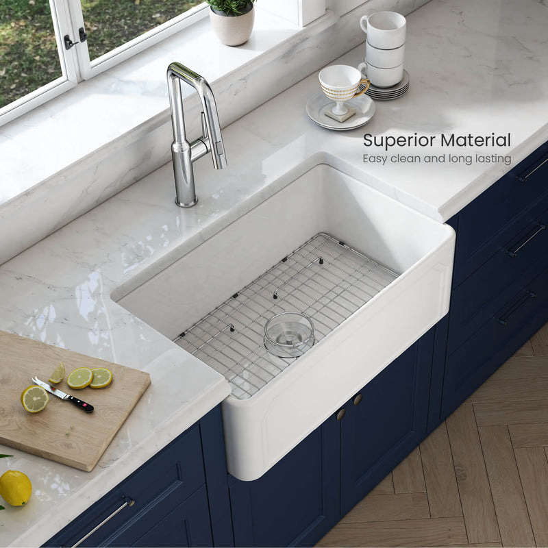 Kibi 30" x 18" x 10" Arch Series Undermount Single Bowl Fireclay Farmhouse Kitchen Sink In Glossy White - K2-SF30AR