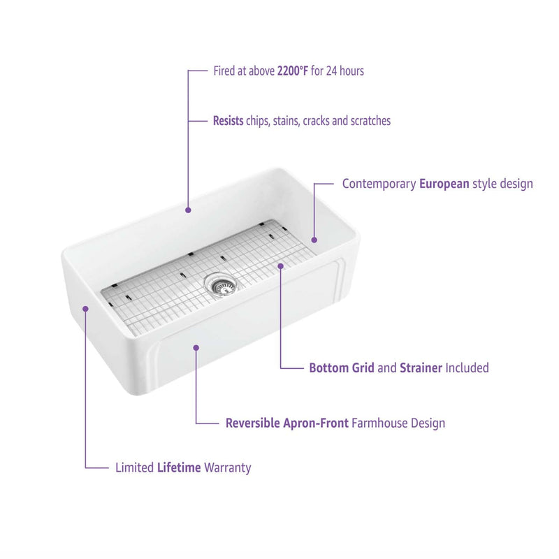 Kibi 30" x 18" x 10" Arch Series Undermount Single Bowl Fireclay Farmhouse Kitchen Sink In Glossy White - K2-SF30AR