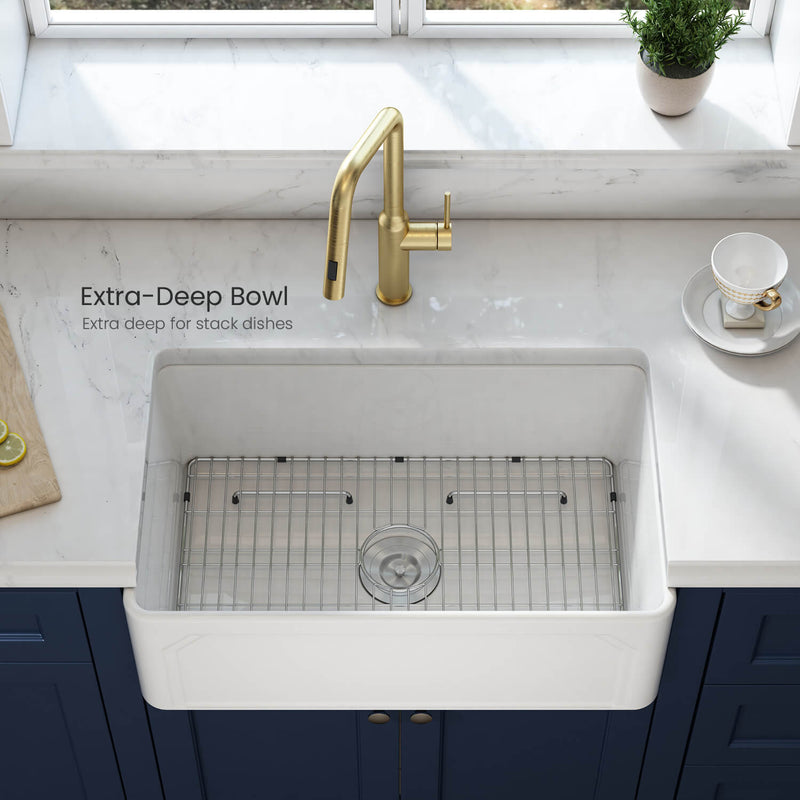 Kibi 30" x 18" x 10" Arch Series Undermount Single Bowl Fireclay Farmhouse Kitchen Sink In Glossy White - K2-SF30AR