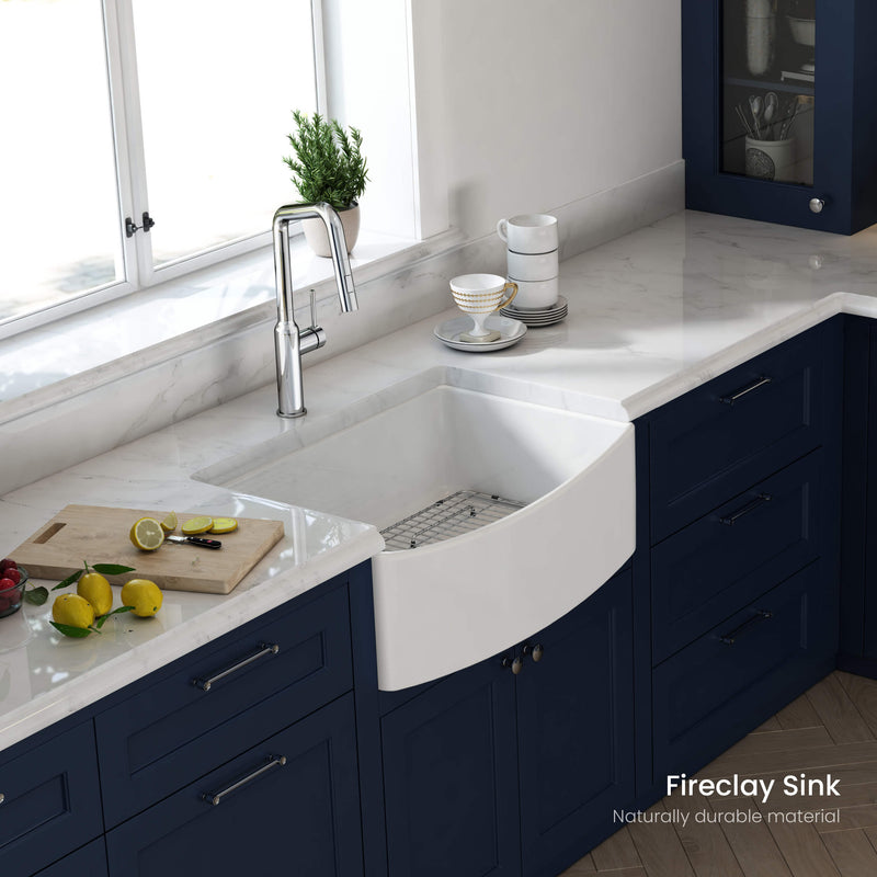 Kibi 30" x 20" x 10" Pure Series Glossy White Single Bowl Fireclay Farmhouse Sink With Curved Apron Front - K2-SF30C