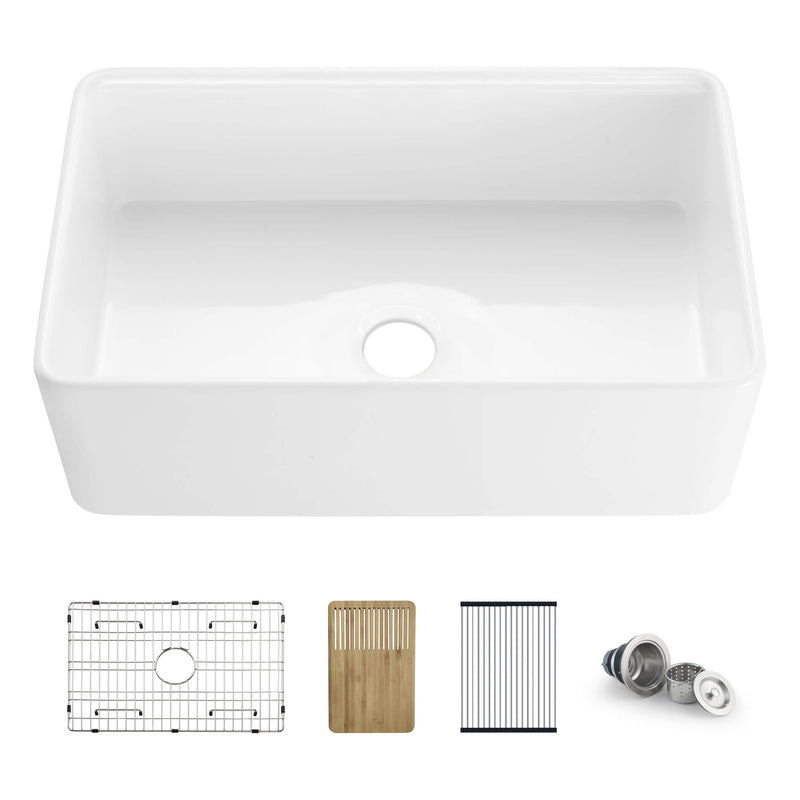 Kibi 30" x 20" x 10" Pure Series Single Bowl Fireclay Farmhouse Kitchen Sink In Glossy White - K2-SF30T