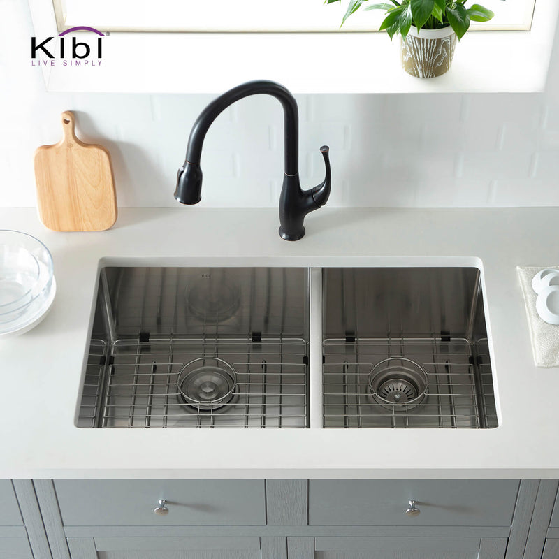 Kibi 32 3/4" x 19" x 10" Handcrafted Undermount Double Bowl Kitchen Sink With Satin Finish - K1-D33-BS