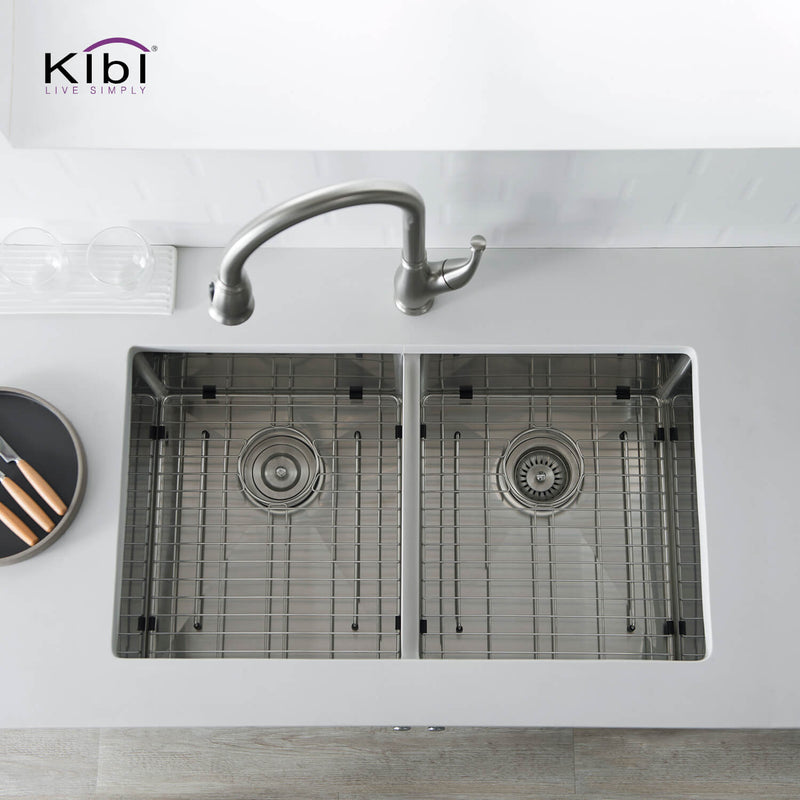 Kibi 32 3/4" x 19" x 10" Handcrafted Undermount Double Bowl Kitchen Sink With Satin Finish - K1-D33-EQ