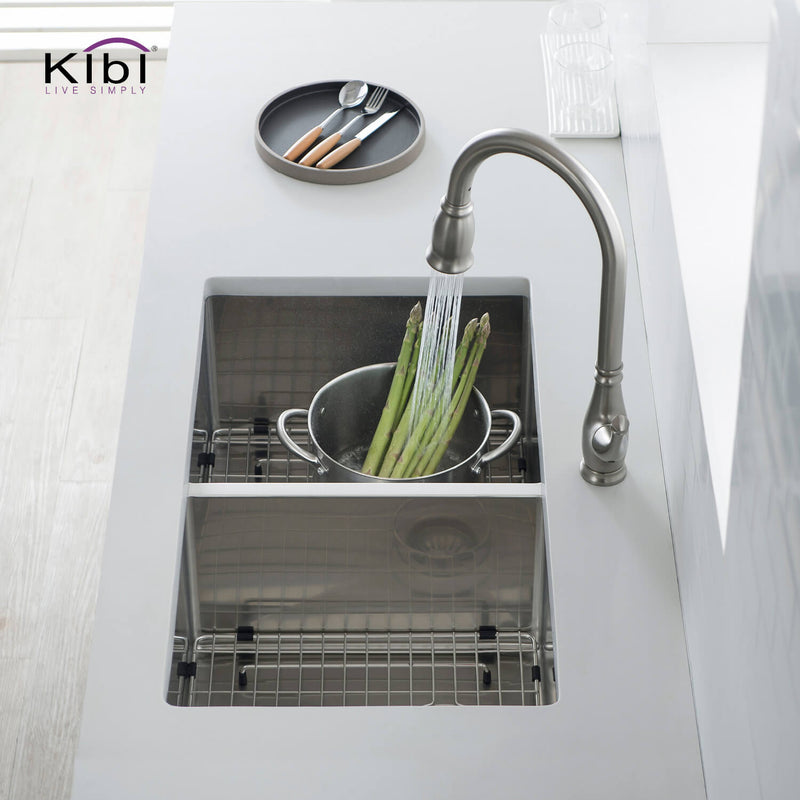 Kibi 32 3/4" x 19" x 10" Handcrafted Undermount Double Bowl Kitchen Sink With Satin Finish - K1-D33-EQ