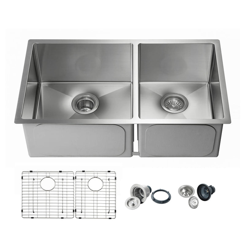 Kibi 32 3/4" x 19" x 10" Handcrafted Undermount Double Bowl Kitchen Sink With Satin Finish - K1-D33-BS