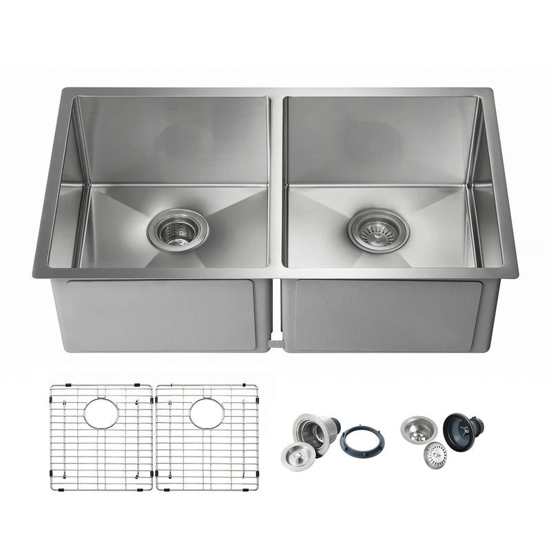 Kibi 32 3/4" x 19" x 10" Handcrafted Undermount Double Bowl Kitchen Sink With Satin Finish - K1-D33-EQ