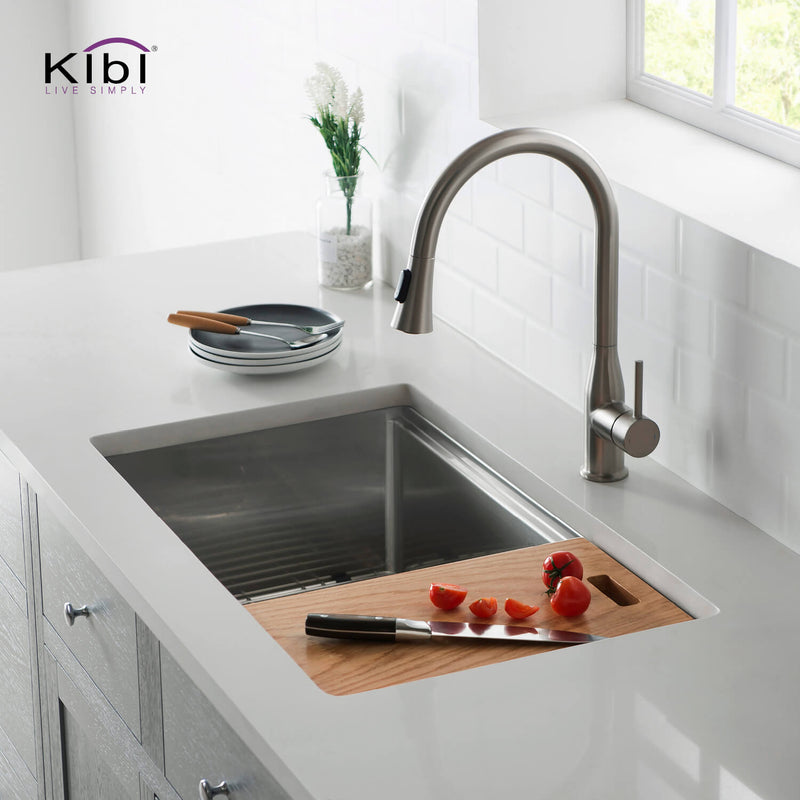 Kibi 32 3/4" x 19" x 10" Single Bowl Undermount Workstation Sink In Satin Finish - K1-S33T