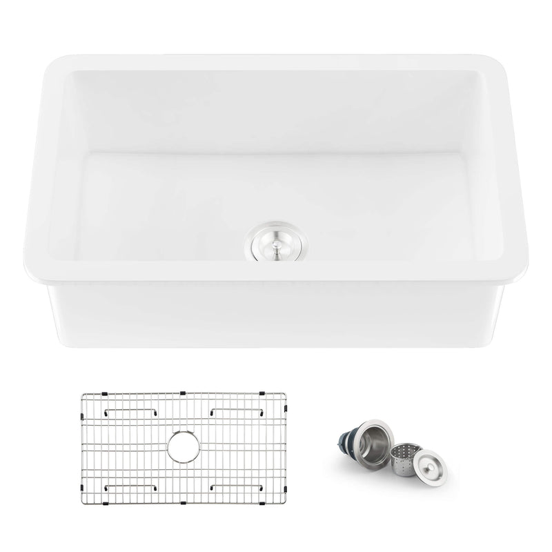 Kibi 32" x 19" x 10" Landis Series Undermounted Single Bowl Fireclay Kitchen Sink In Glossy White - K2-S32