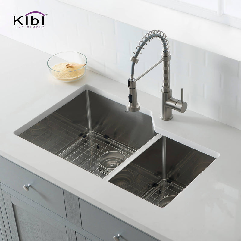 Kibi 32" x 20" x 10" Handcrafted Undermount Double Bowl Stainless Steel Kitchen Sink - K1-D32