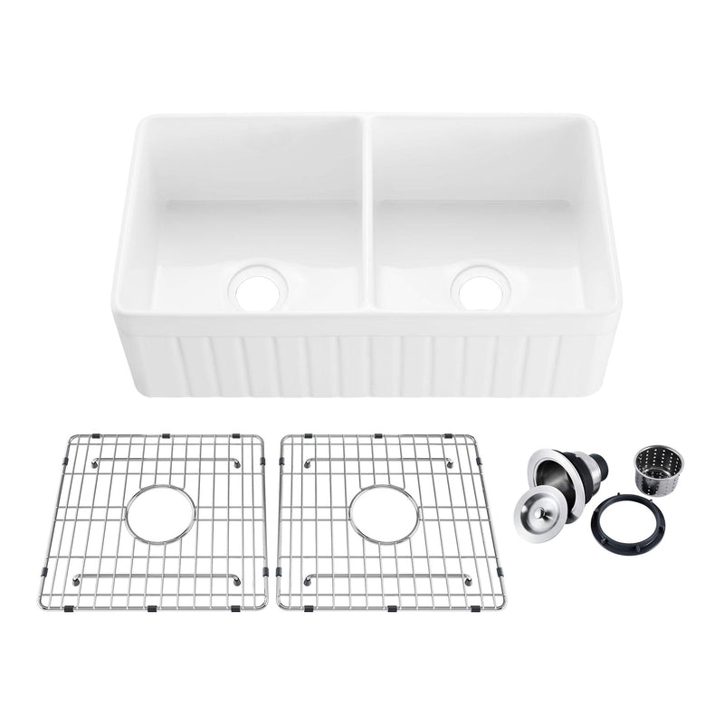 Kibi 33″ Pillar Series Undermount Double Bowl Fireclay Farmhouse Sink In Glossy White Finish - K2-DF33PI