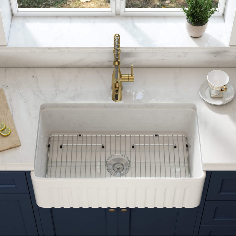 Kibi 33" x 18" x 10" Pillar Series Single Bowl Fireclay Farmhouse Sink In Glossy White - K2-SF33PI