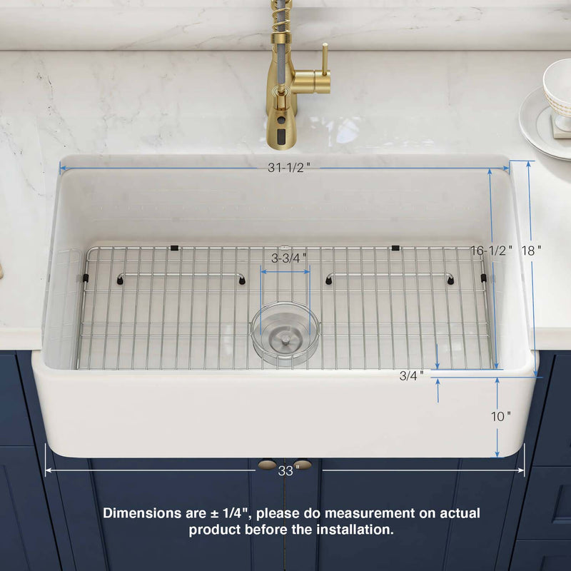 Kibi 33" x 18" x 10" Pure Series Undermount Single Bowl Fireclay Farmhouse Kitchen Sink In Glossy White - K2-SF33