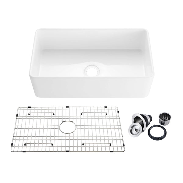 Kibi 33" x 18" x 10" Pure Series Undermount Single Bowl Fireclay Farmhouse Kitchen Sink In Glossy White - K2-SF33