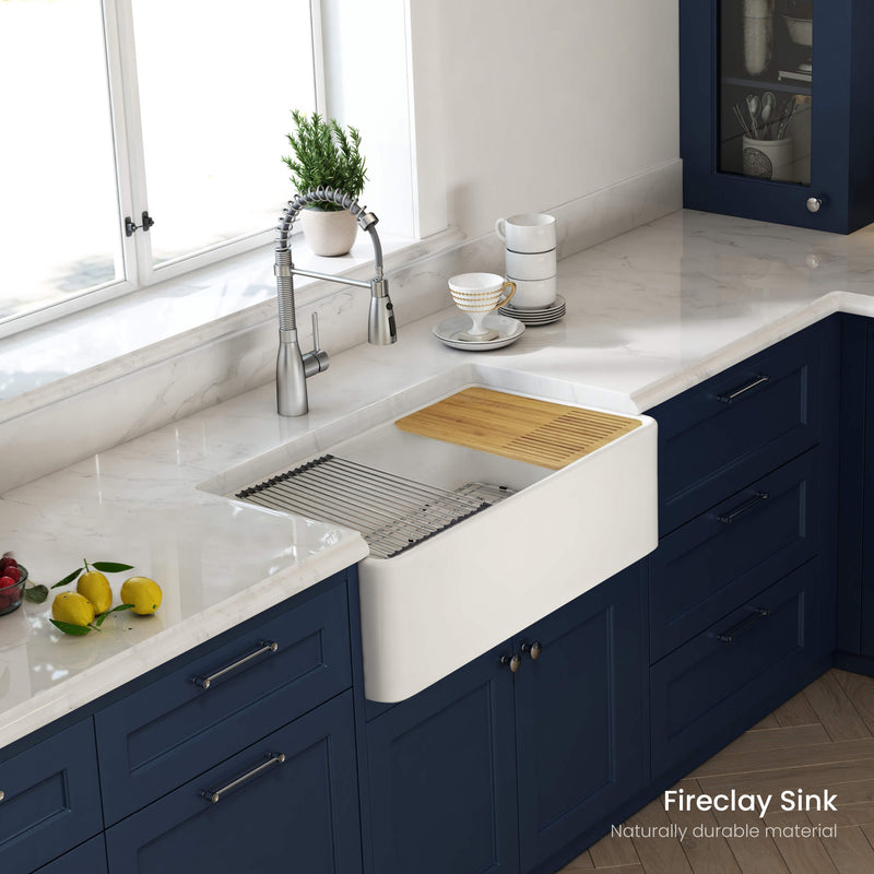 Kibi 33" x 20" x 10" Pure Series Single Bowl Fireclay Farmhouse Kitchen Sink In Glossy White - K2-SF33T