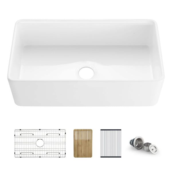 Kibi 33" x 20" x 10" Pure Series Single Bowl Fireclay Farmhouse Kitchen Sink In Glossy White - K2-SF33T