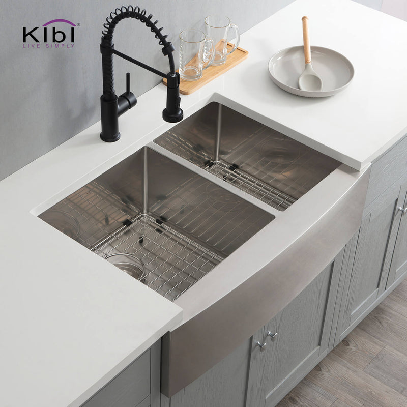 Kibi 33" x 22" x 10" Handcrafted Double Bowl Farmhouse Apron Kitchen Sink With Satin Finish - K1-DF33