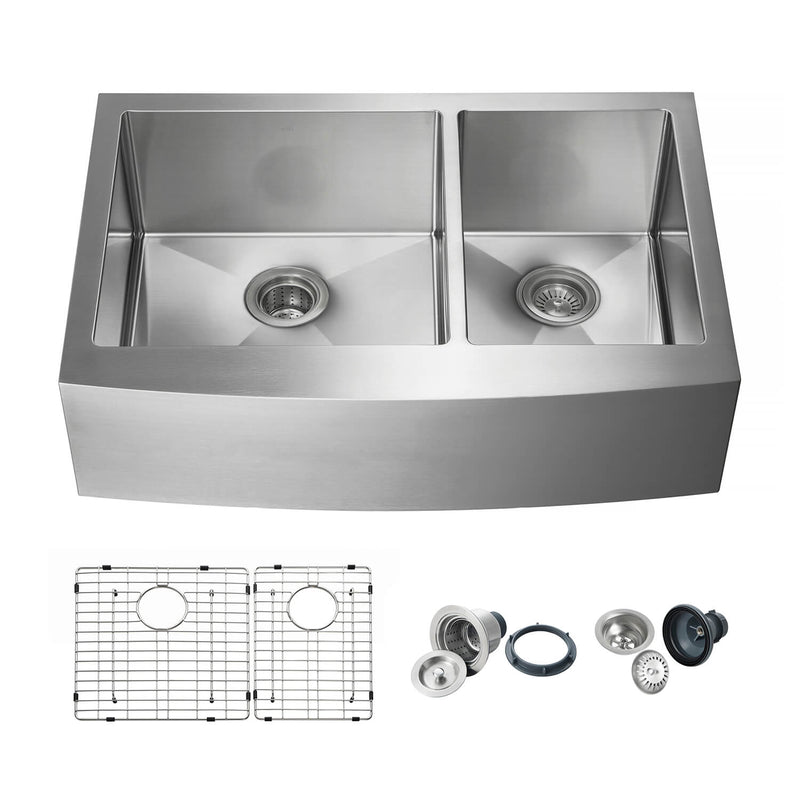 Kibi 33" x 22" x 10" Handcrafted Double Bowl Farmhouse Apron Kitchen Sink With Satin Finish - K1-DF33