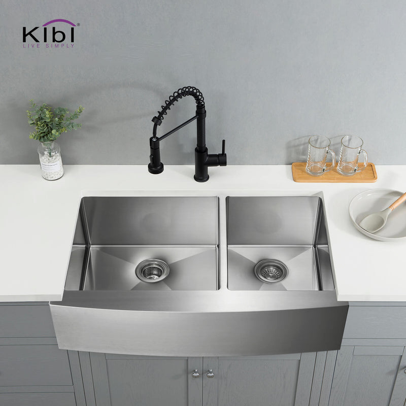 Kibi 36" x 22" x 10" Handcrafted Double Bowl Farmhouse Apron Kitchen Sink With Satin Finish - K1-DF36