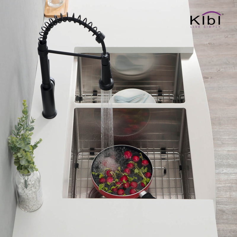 Kibi 36" x 22" x 10" Handcrafted Double Bowl Farmhouse Apron Kitchen Sink With Satin Finish - K1-DF36