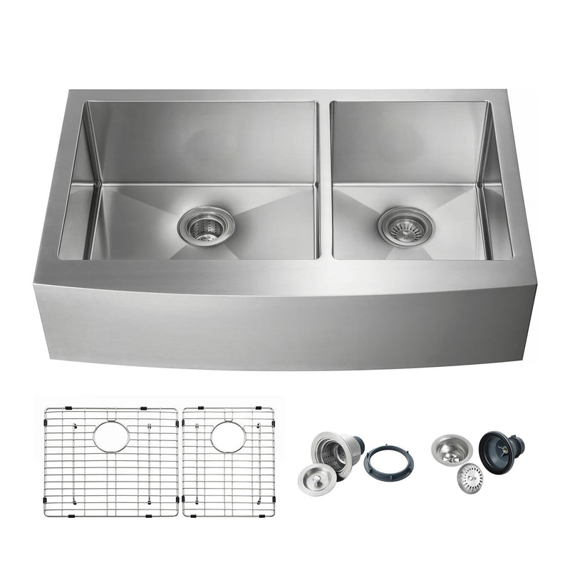 Kibi 36" x 22" x 10" Handcrafted Double Bowl Farmhouse Apron Kitchen Sink With Satin Finish - K1-DF36