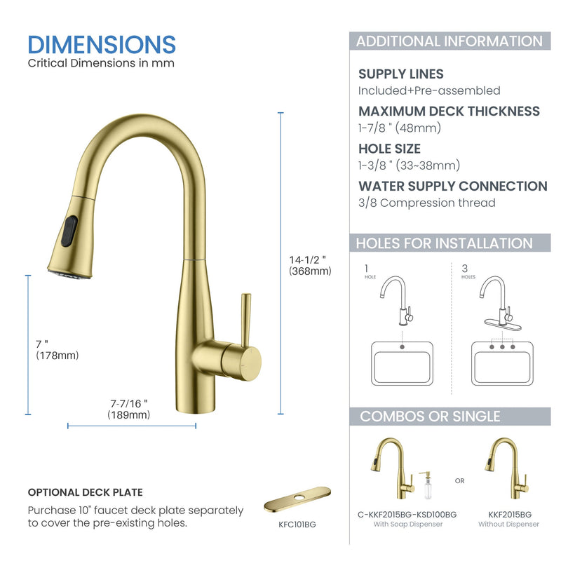 Kibi Bari Single Handle Pull Down Kitchen and Bar Sink Faucet With Soap Dispenser in Brushed Gold Finish -C-KKF2015BG-KSD100BG