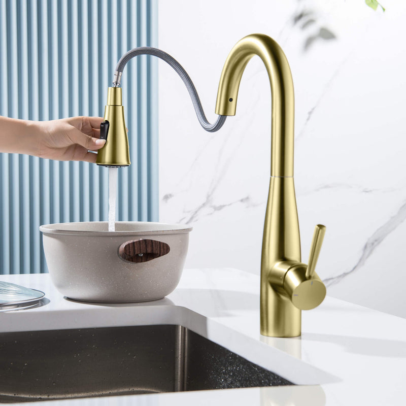 Kibi Bari Single Handle Pull Down Kitchen and Bar Sink Faucet With Soap Dispenser in Brushed Gold Finish -C-KKF2015BG-KSD100BG