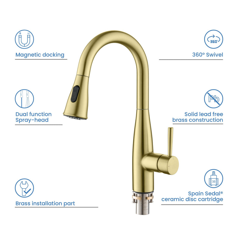 Kibi Bari Single Handle Pull Down Kitchen and Bar Sink Faucet With Soap Dispenser in Brushed Gold Finish -C-KKF2015BG-KSD100BG