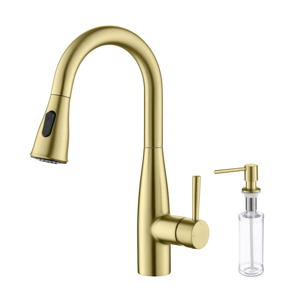 Kibi Bari Single Handle Pull Down Kitchen and Bar Sink Faucet With Soap Dispenser in Brushed Gold Finish -C-KKF2015BG-KSD100BG