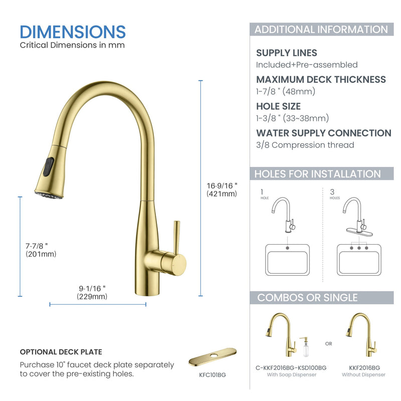 Kibi Bari-T Single Handle Pull Down Kitchen Sink Faucet With Soap Dispenser in Brushed Gold Finish - C-KKF2016BG-KSD100BG