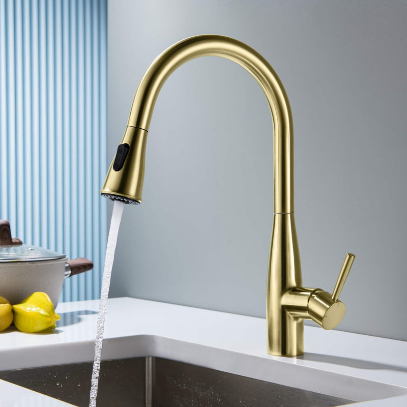 Kibi Bari-T Single Handle Pull Down Kitchen Sink Faucet With Soap Dispenser in Brushed Gold Finish - C-KKF2016BG-KSD100BG