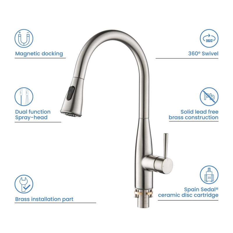 Kibi Bari-T Single Handle Pull Down Kitchen Sink Faucet With Soap Dispenser in Brushed Nickel Finish - C-KKF2016BN-KSD100BN