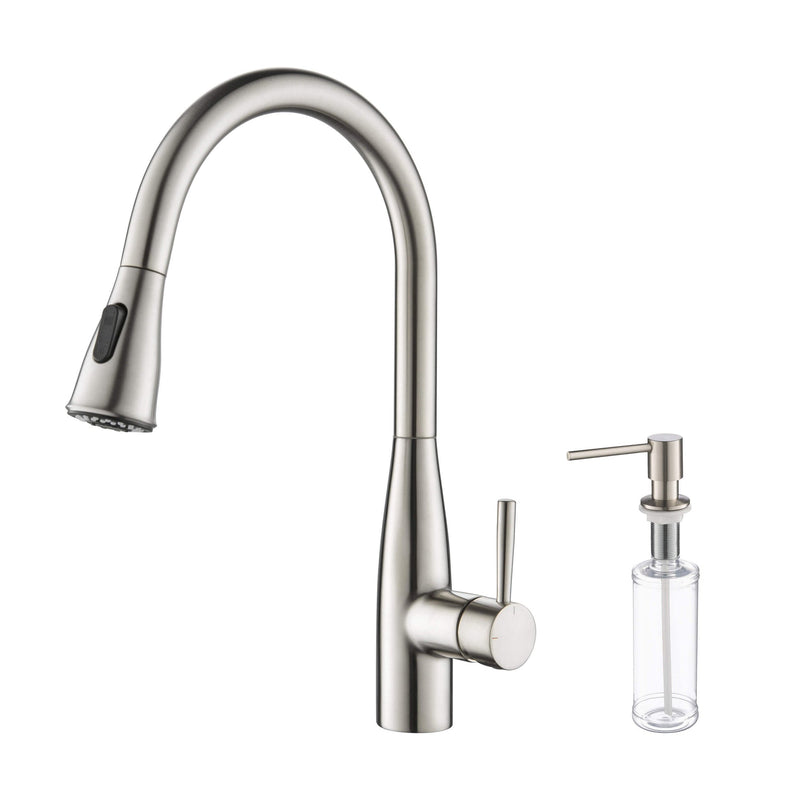 Kibi Bari-T Single Handle Pull Down Kitchen Sink Faucet With Soap Dispenser in Brushed Nickel Finish - C-KKF2016BN-KSD100BN